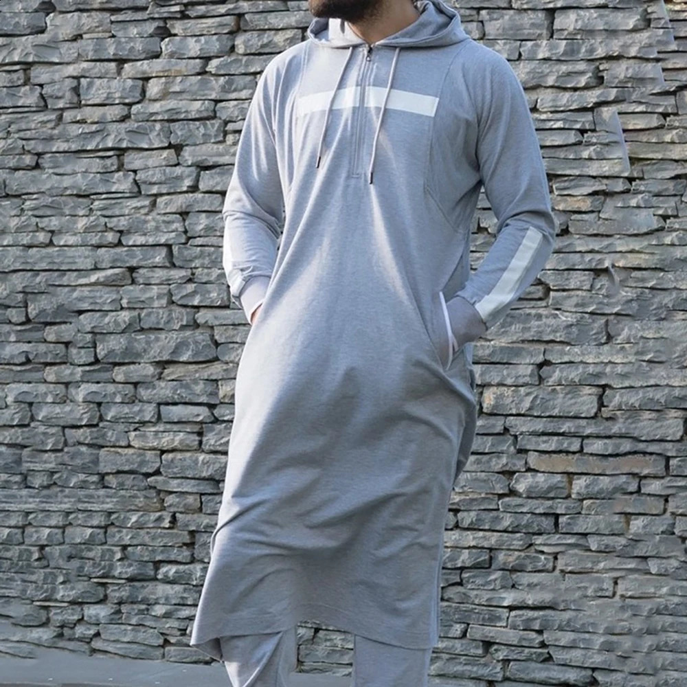 Mens Muslim Middle Eastern Islamic Arab vintage clothing loose long sleeves drawstring pockets fulllength hooded robe 240822