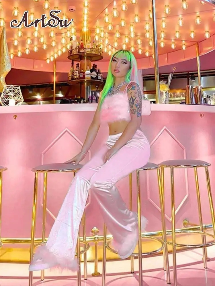 Party Pink Long Pants Faux Fur Fluffy Satin Women Flare Pants High Waist Bell Trousers Bodycon Sexy Autumn Winter Bottoms 240823