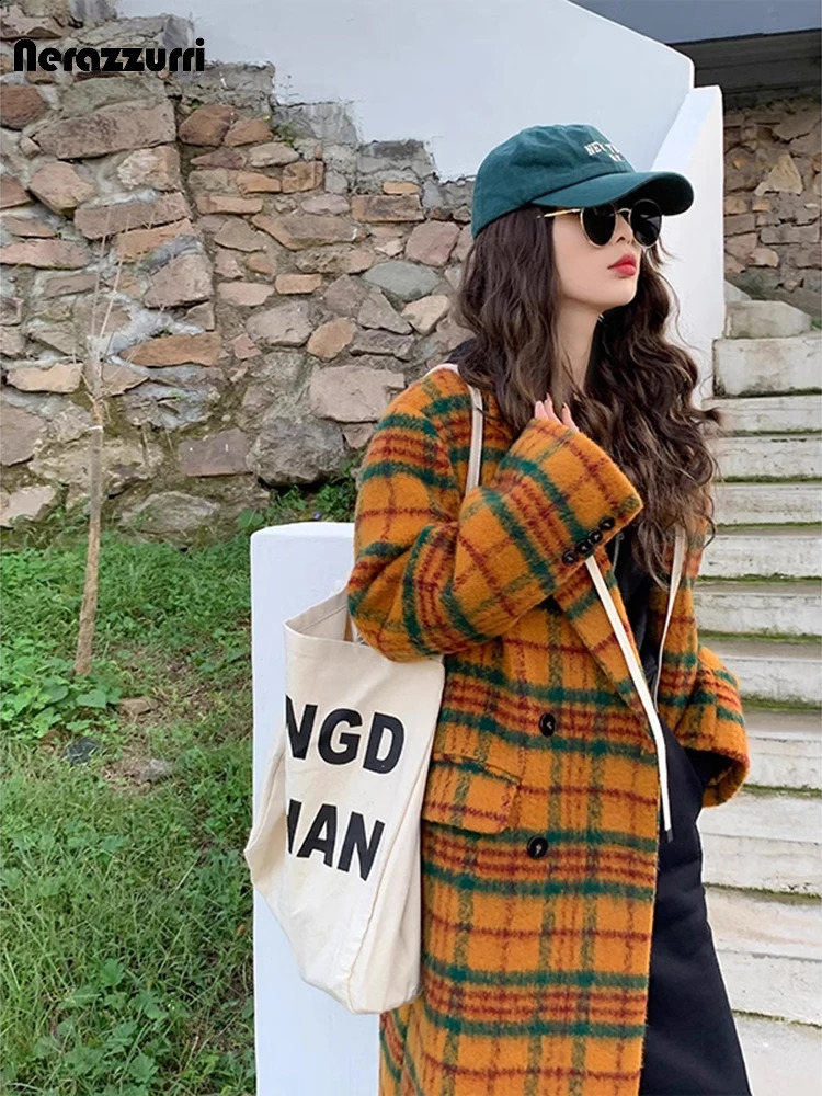 Nerazzurri Autumn Winter Long Loose Casual Colorful Thick Warm Soft Plaid Woolen Coat Women Double Breasted Korean Fashion 240822