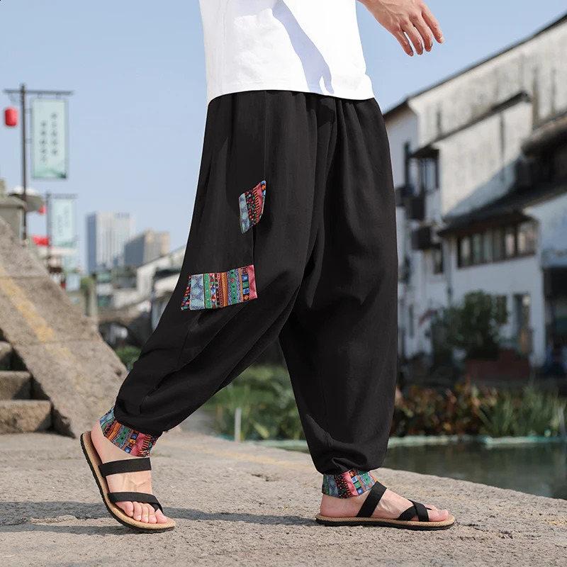 Chinese Style Mens Retro Wide Leg Pants Loose Plus Size Trendy High Street Fashion Cotton and Linen Pants Hombre Leggings 240822