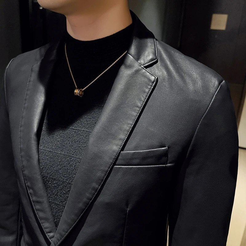 Mens PU Jacket with Suit Collar Faux Leather Jacket Mens Leather Jacket Suit Collar Fashion Urban Business Casual Suit 240822