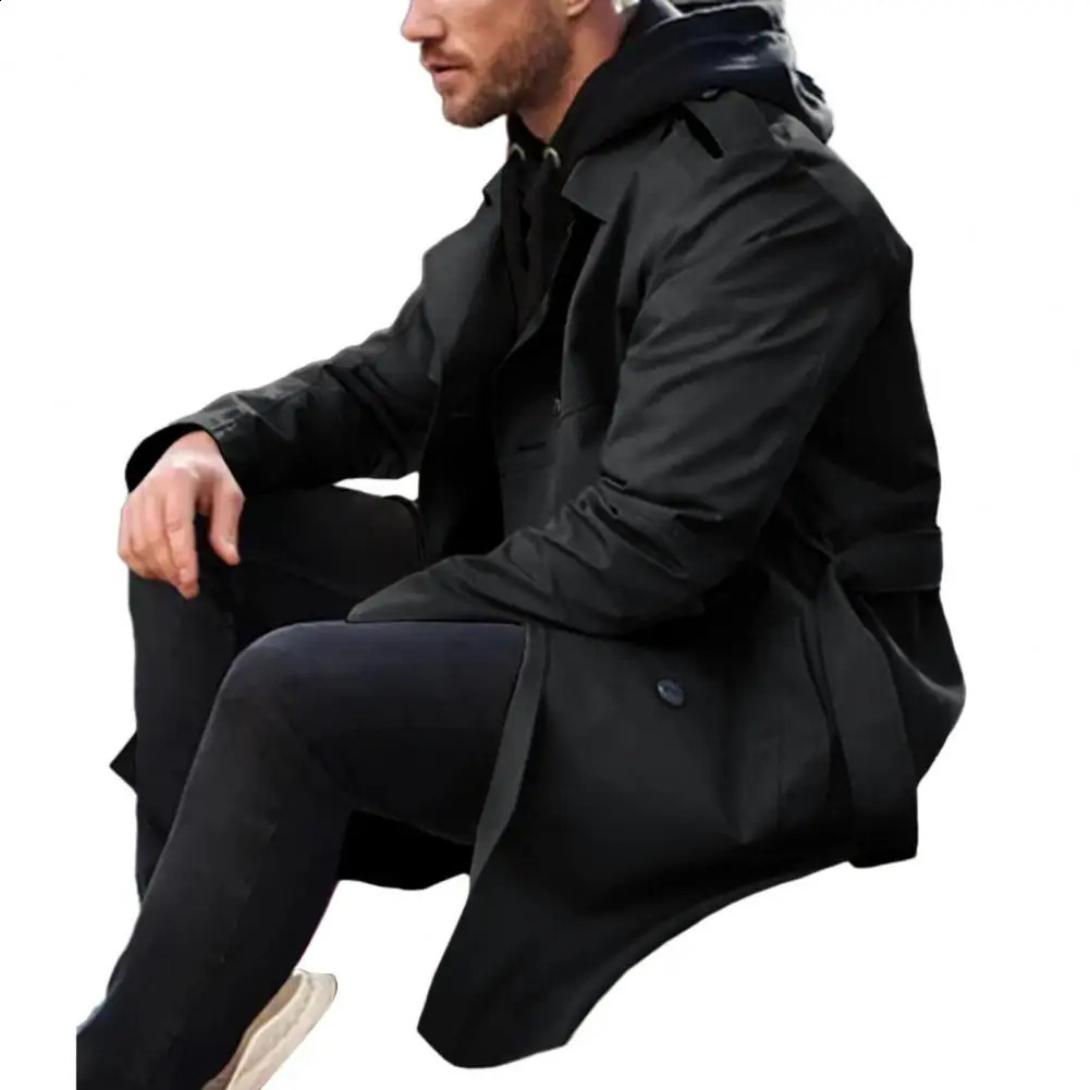 Men Belt Coat Business Mid-length Double-breasted Jacket Stylish Mens Double-breasted Long Coat Slim Fit for Autumn/winter 240822