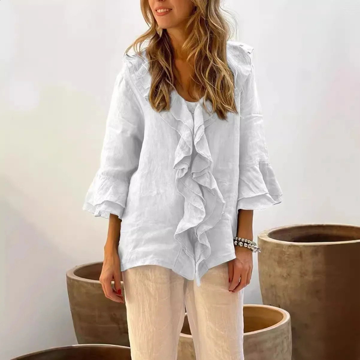 Autumn Fashion Ruffle Blouse Womens Sweet Office Vneck Collar Sleeves 240822