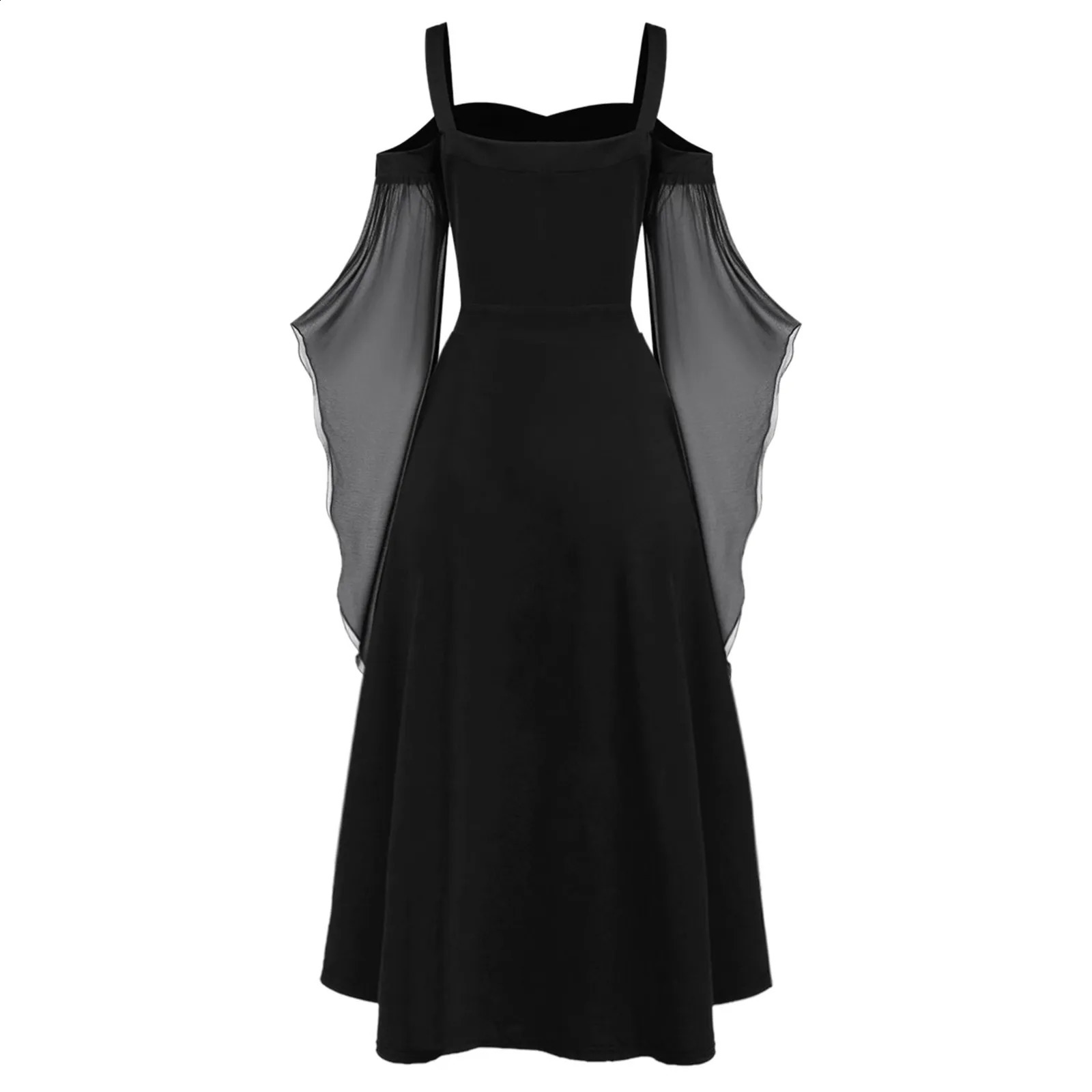 Retro Gothic Dress Witch Halloween Costume Lace Strap Collar Long Horn Sleeves Womens Role Playing 240823