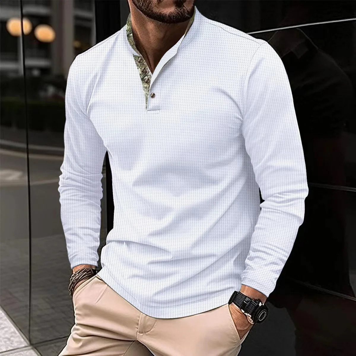 autumn and winter mens polo shirt with double layered stand up collar long sleeved sports 240823
