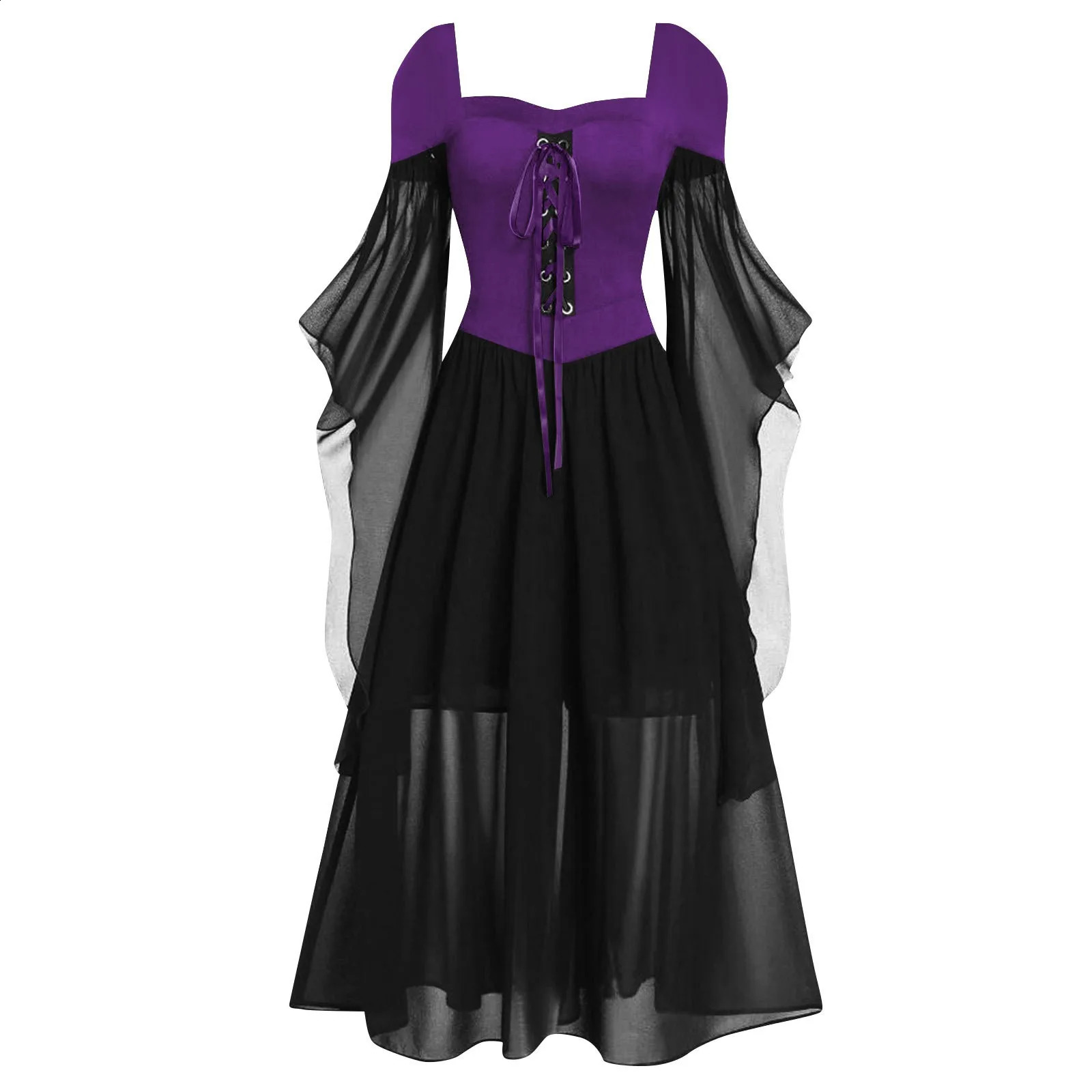 Medieval Witch Dress Butterfly Sleeve Gothic Mesh Lace Pendant Halloween Carnival Costume Size Up 240823