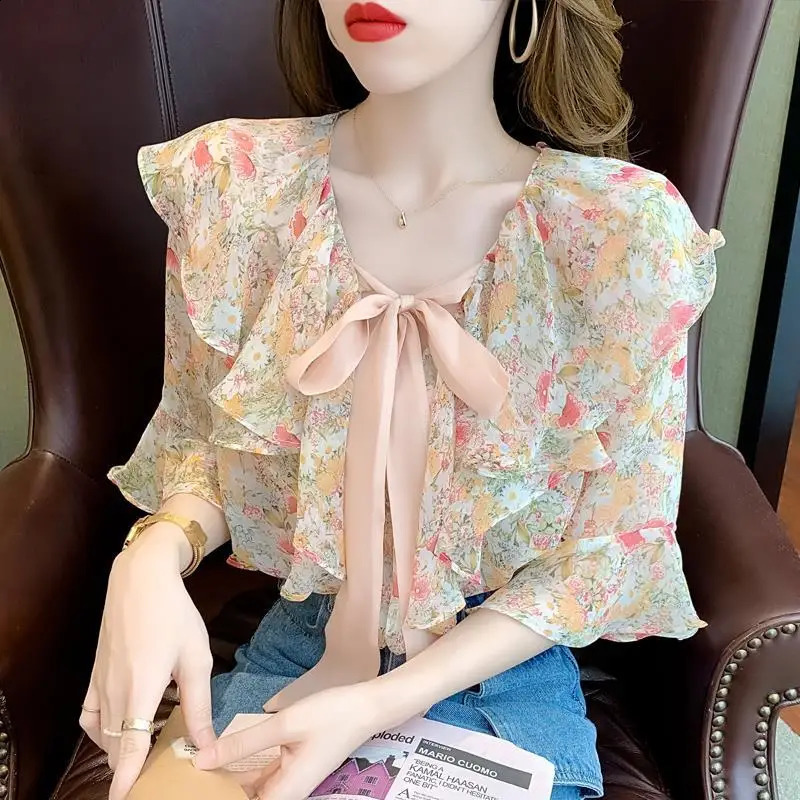 Chiffon bow tie womens shirts and blouses floral tops pleated Vneck clothing young series trends w240824