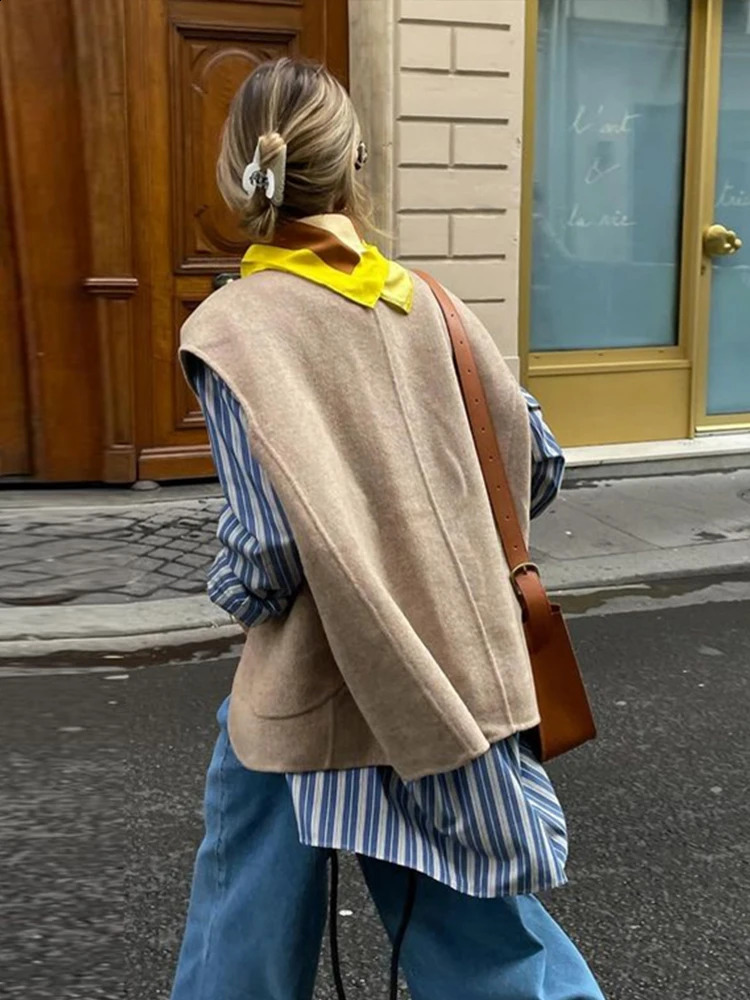 Elegant Khaki Sleeveless Thin Coat Women Loose O-neck Single Breasted Jacket Autumn Fashion All-match Waistcoat Outwear 240822
