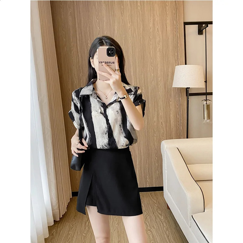 Summer Fashion Temperament Printing Blouse Irregular High Waist A-line Skirt Two-piece Suit Femme Trend Matching Sets 240823