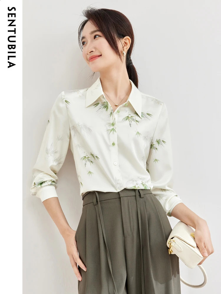 SENTUBILA Womens Chiffon Shirt Fashion Women Blouses Autumn Shirts With Bamboo Pattern Beautiful Long Sleeve Top 133C52014 240823