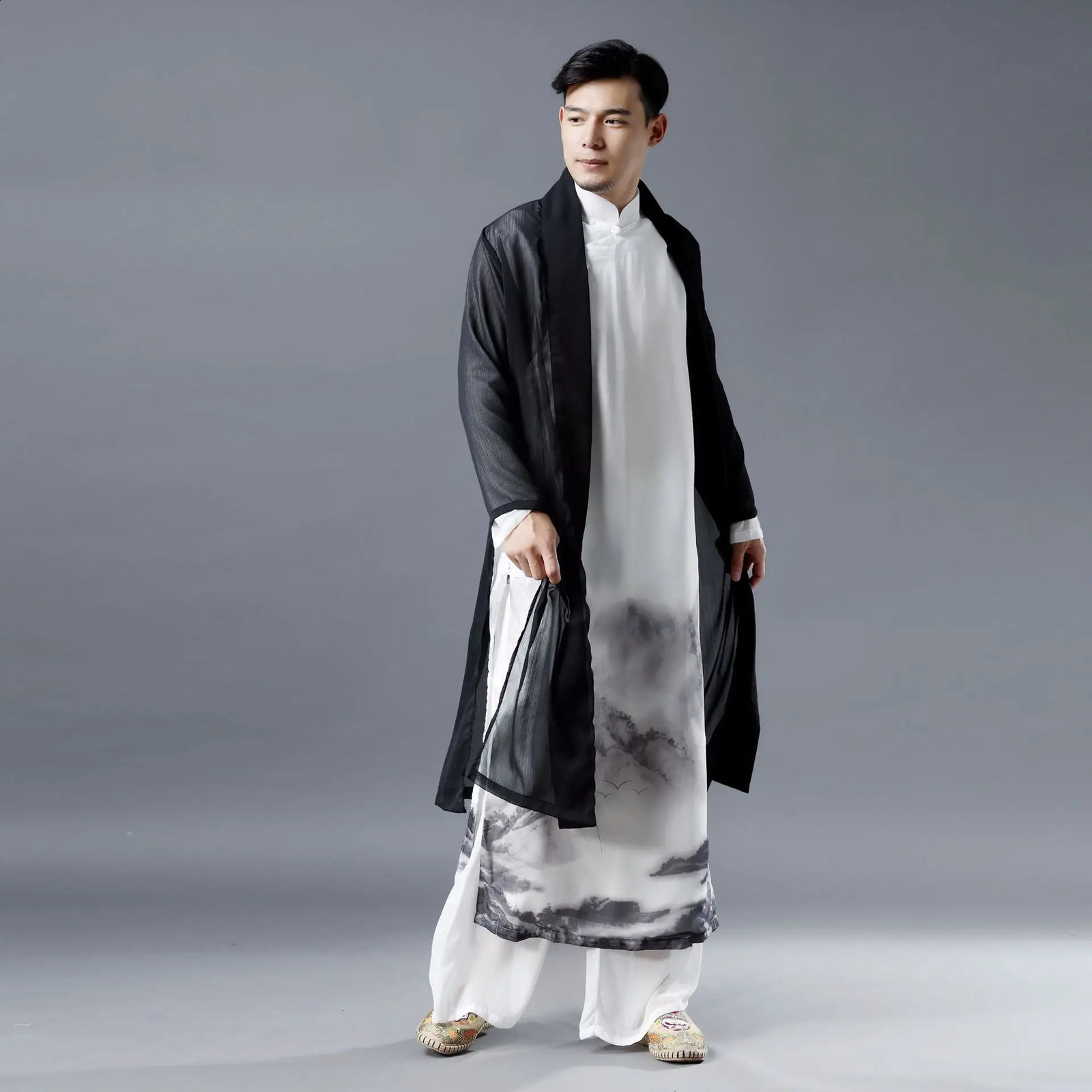Summer National Style Fashion Chiffon Long Trench Coat Men Side Slit Ultrathin Breathable Black Linen Cardigan Jacket 240822