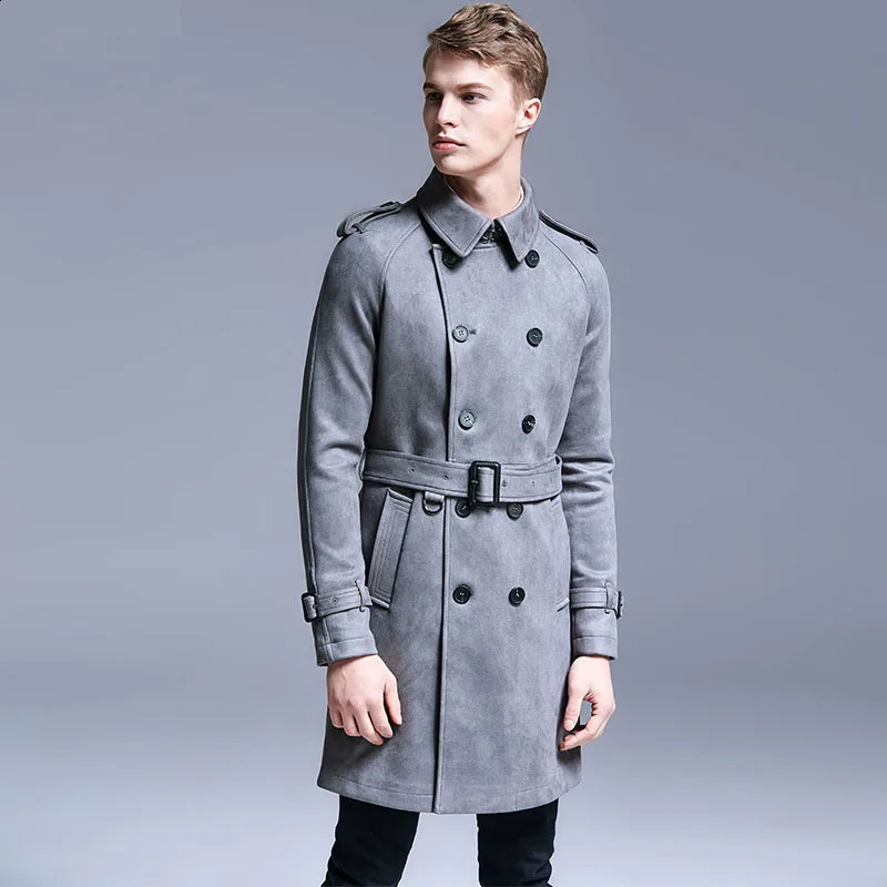 Minimalist England Fashion Suede Trench Mens Double Breasted Slim Coat Men Solid Color Long Windbreaker 5XL 6XL Jacket 240822
