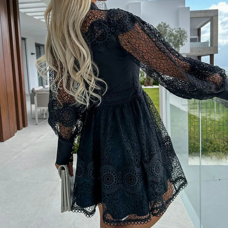 Women Elegant Solid Embroidered Lace Party Dress Summer Fashion Long Sleeve A-Line Dress Ladies Casual O-Neck Button Dress 240823