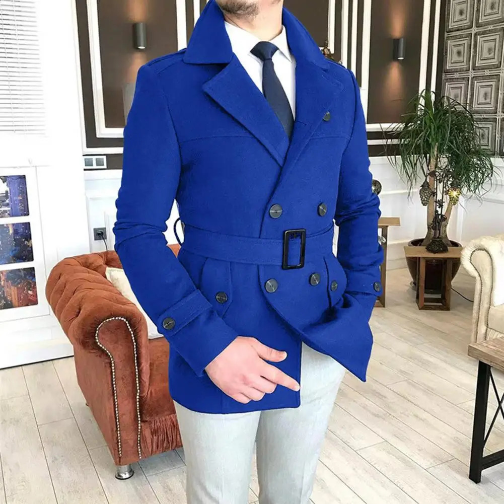 Autumn Winter Mens Double Breasted Woolen Overcoat High Quality Male Laple Belt Solid Thick Trench Coat Trend Outerwear 240822