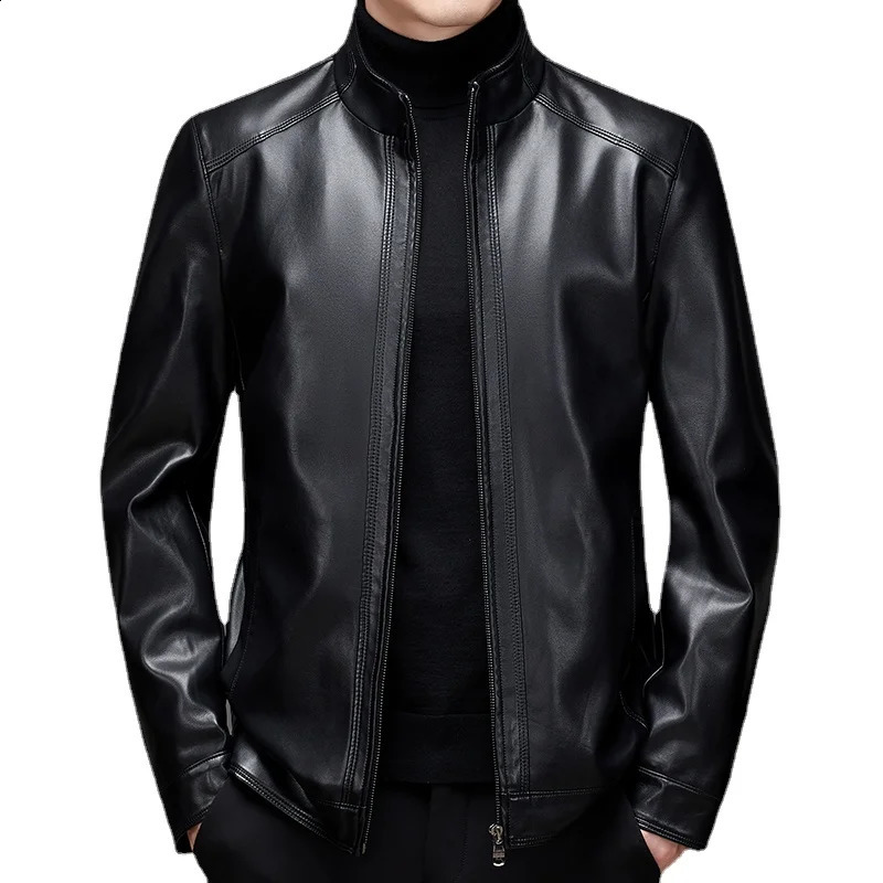 - Mens Business Gentleman British Windproof Casual Fashion Stand Collar Sheepskin Plus Size Biker Jacket Leather Jacket 240822