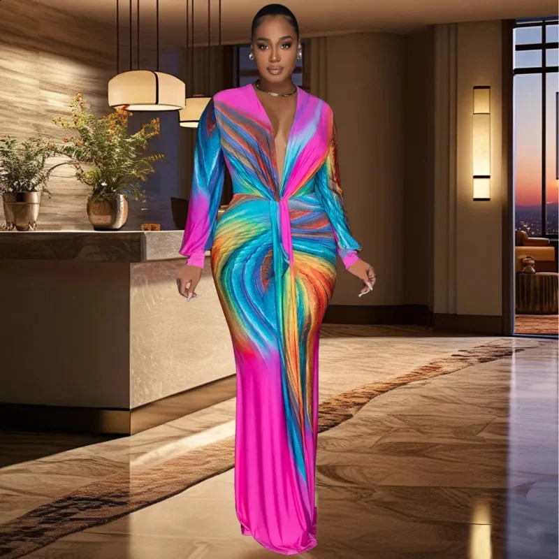 Bohemian Gradient V Neck Lace Up Dress For Women Summer Sexy Slim Fit Long Sleeved Evening Dress Fashionable Pleated Long Dress 240823