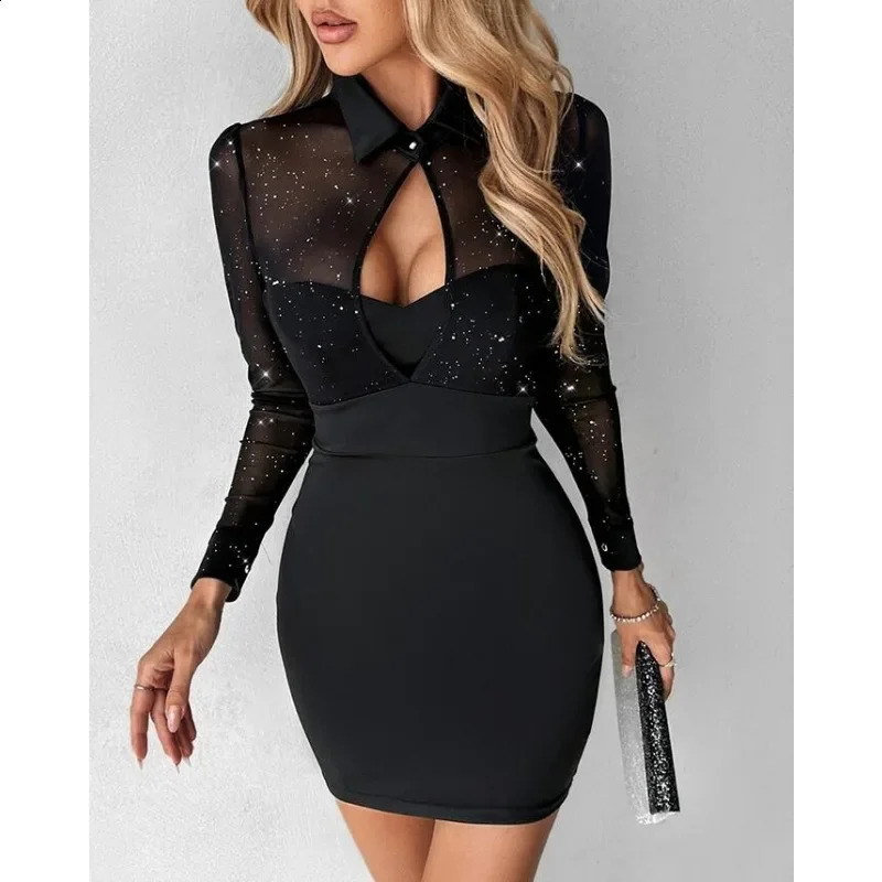Sheath Mini Dresses Sexy Hollow Out Trend Gold Mesh Long Sleeve Bodycon Dress Women Slim Fits Solid Color See Through Dress 240823