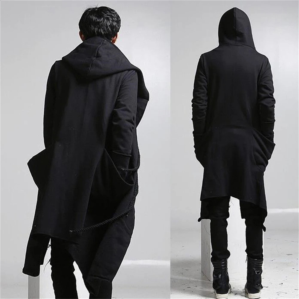 Autumn Trench Men Punk Coats Hip Hop Outerwear Slim Fit Long Coat Hooded Cloak Cardigan Mens Linen Rope n Gothic Jackets 240822