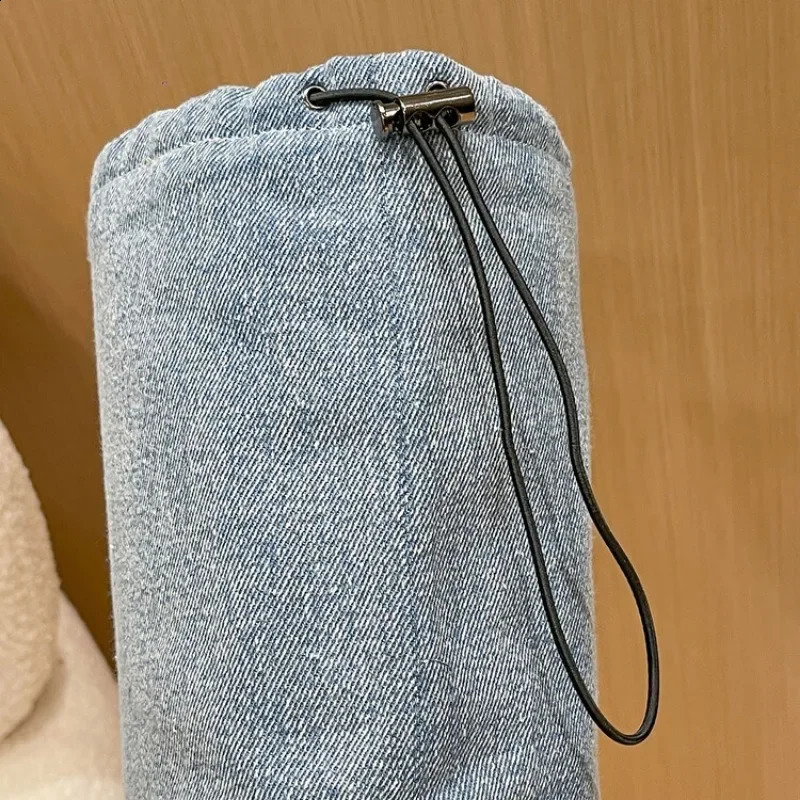 Blue denim pleated long boots for women elastic western denim boots with thick heels and square toes fashionable and sexy womens shoes 240823