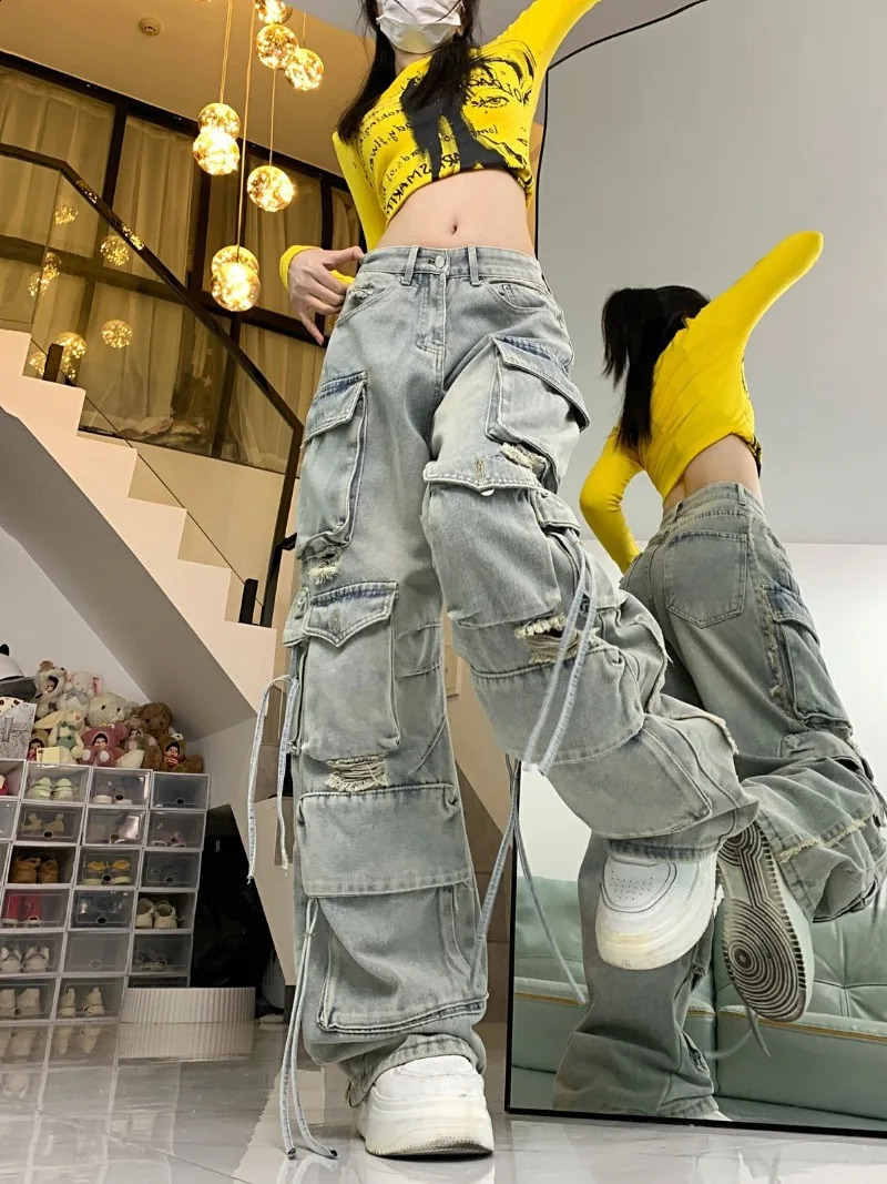 American Spice Girl Heavy Industry High Street Multi-Pocket Wide Leg Hip Hop Jeans Y2K High Waist Baggy Straight Pants 240822