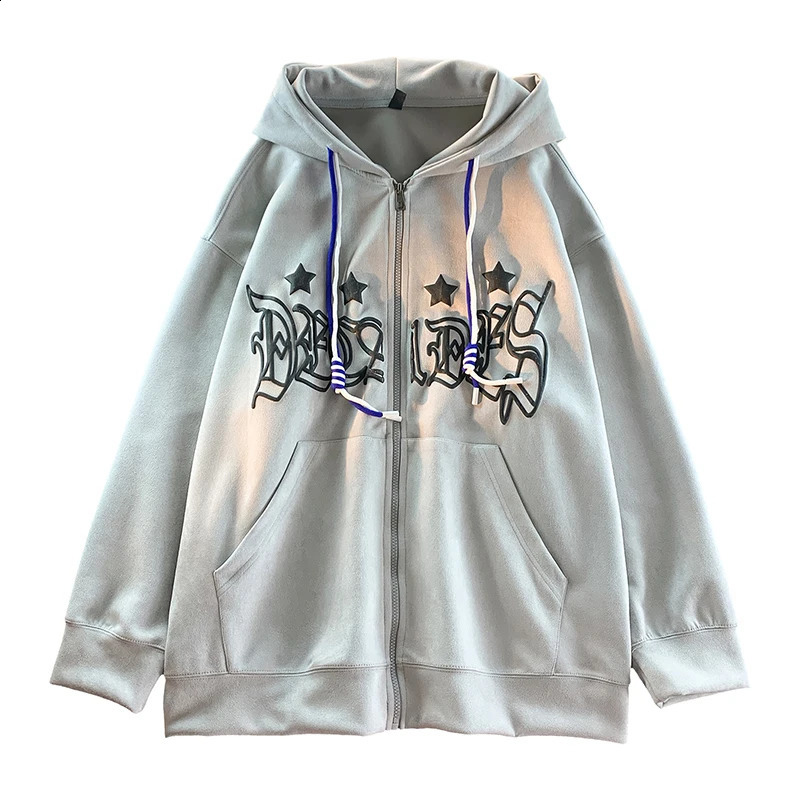Faux Suede Hoodie Gothic Foaming Printing Zip-up Hoodies Colour Blocking Drawstring n Y2k Hooded Coat Man Women Coats 240823