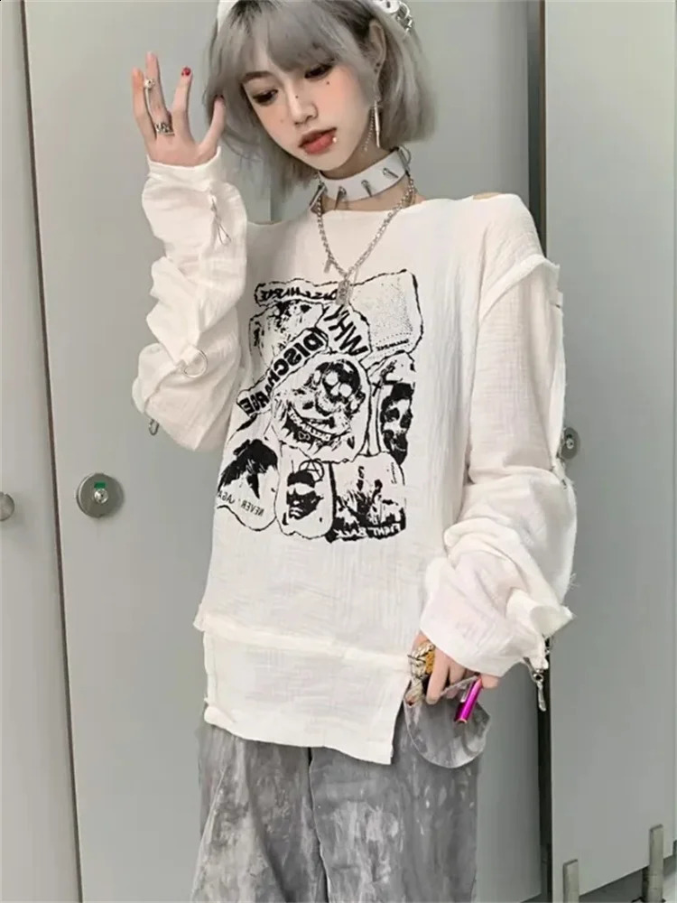 HOUZHOU Gothic Punk Skull Women T Shirt Emo Goth White Off Shoulder Long Sleeve T-shirt Streetwear Black Irregular Dark Tops 240823