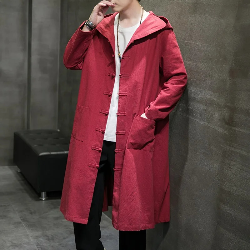 Fashion Men Hooded Sweatshirts Black Hip Hop Cotton Linen Hoodies Vintage Long Sleeve Cloak Trench Coats Outwear KK3774 240822