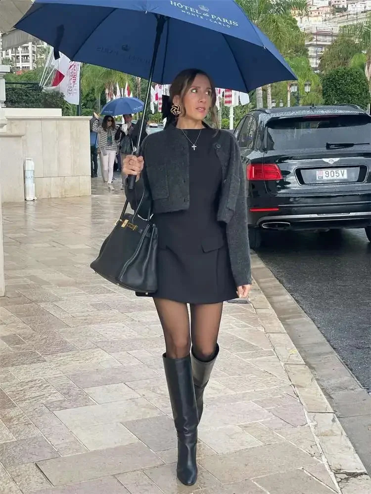 Fashion Long Sleeve Pocket Mini Dress for Women Slim Half High Collar O-neck Party Dresses Spring Fashion Female Syreetwear 240823