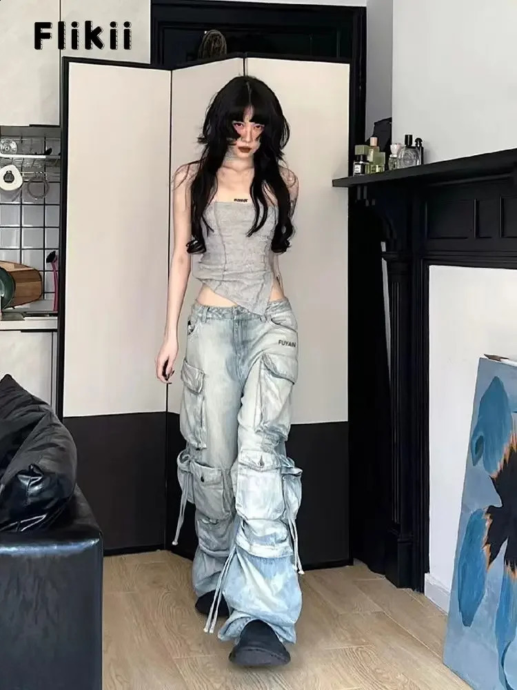 sweet Y2K Baggy 2000s Pockets Denim Trouser Women Vintage Casual Washed Pants Female Retro Waist High Street Trashy Jean Z260313