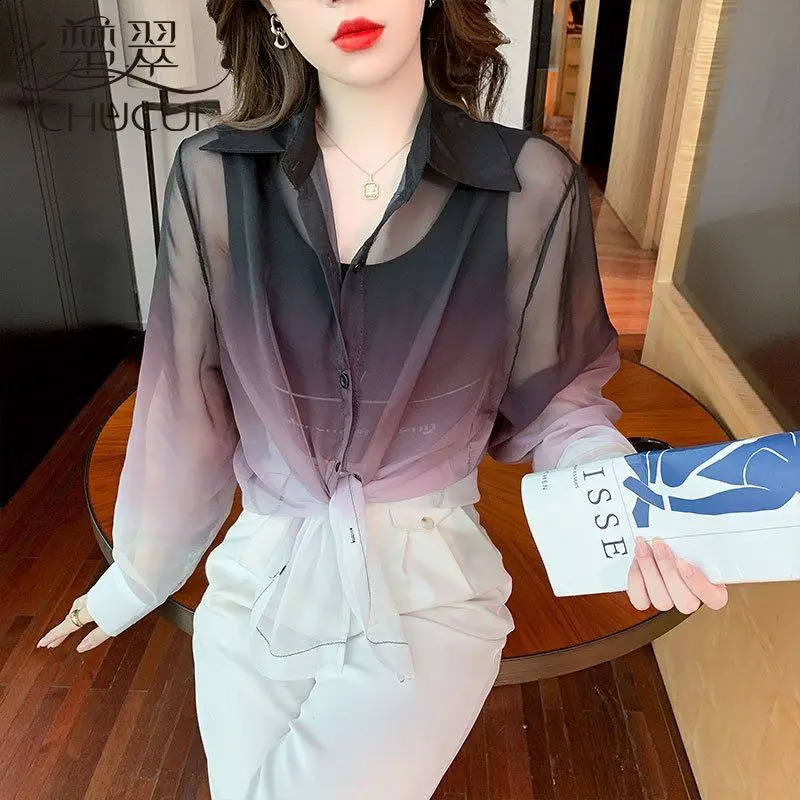 Women Summer Simplicity Loose Sunscreen Tie Dye Gradient Color Chiffon Long Sleeve Shirts Women Clothes Casual All-match Tops 240823