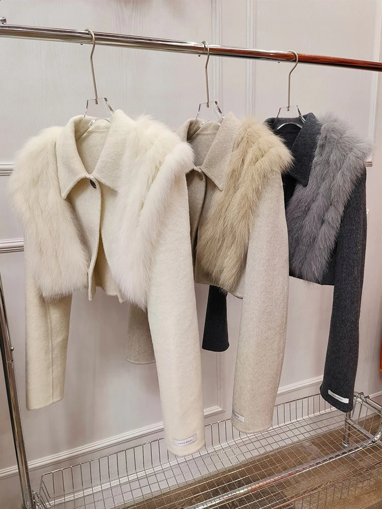 Women Autumn Handmade Double Side Short Woolen Jacket Real Fox Fur Warm Female Spring White Fashion Woolen Coat 240822