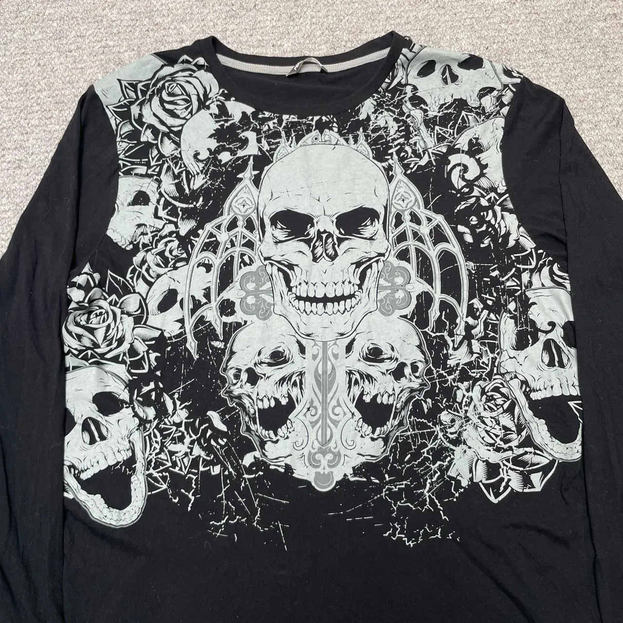Y2K 90s retro long sleeved tshirt dark street hiphop punk round neck classic pattern casual loose Kpop clothing w240824