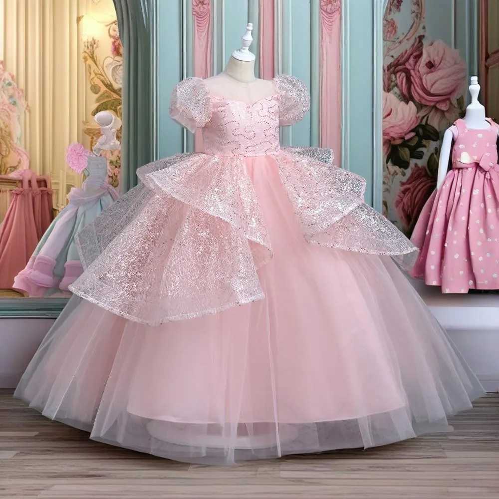 Yoliyolei Sparkling Girl Ceremony Dress with Puff Sleeves Elegant Girl Dress 12 Years Old Formal Birthday Pink Childrens Dress W240823