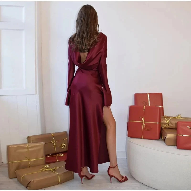 DRC Woman Flare Long Sleeve Sexy Backless Strapless Satin High Split Autumn SolidDresses Ladies Elegant Slim Party Long Dress 240823