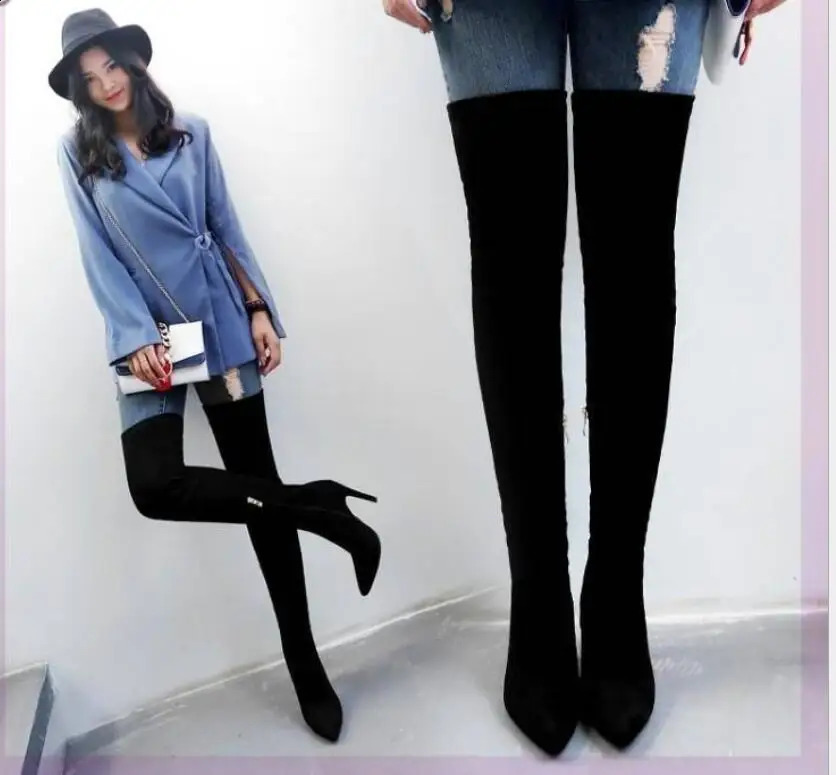 Womens elastic fabric high knee boots patent leather high knee boots womens waterproof red party comfortable boots womens shoes 240823