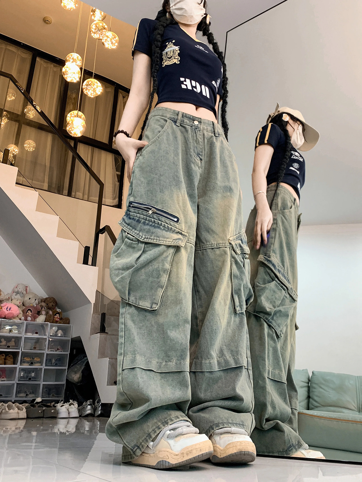 European American style pants for women retro blue fully matched Y2K jeans high waisted summer trendy womens w240824