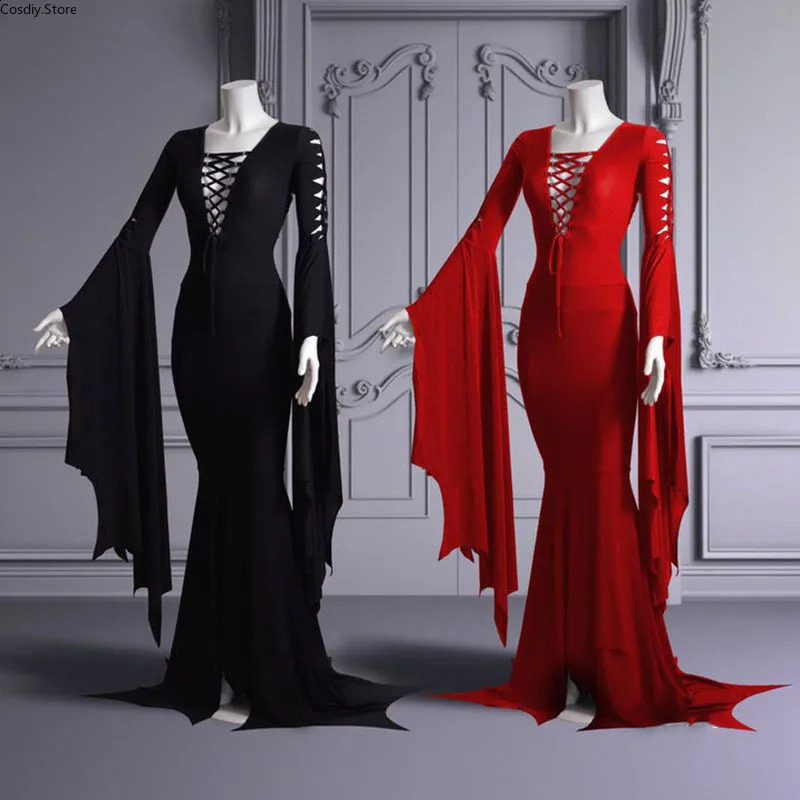 S-5XL sexy witch ghost Halloween costume Morticia Addam Gothic Maxi dress pagan elf black lace womens dress 240823