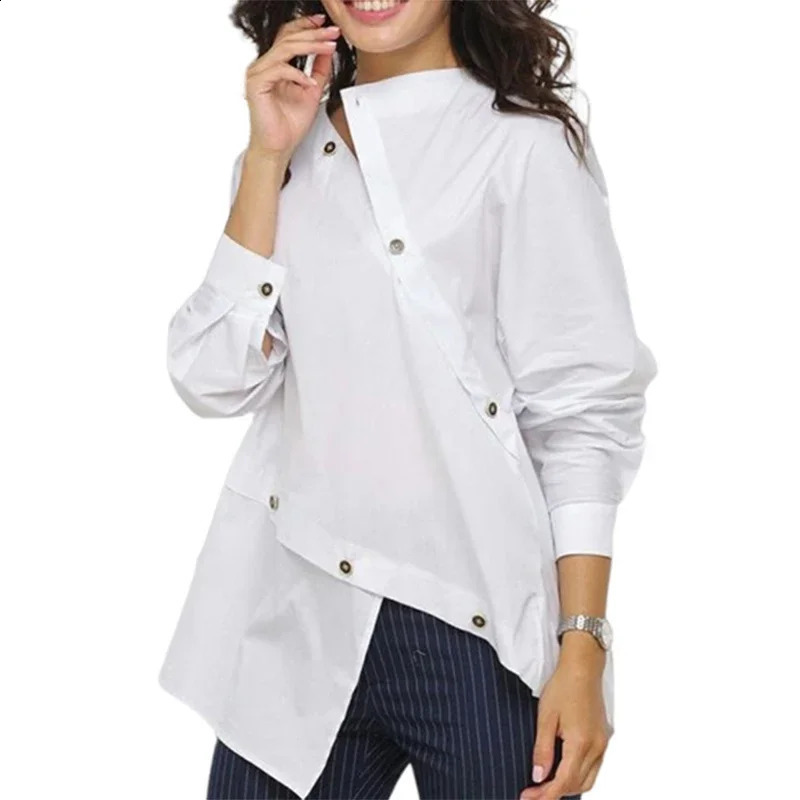 Lemongor Female Fashion Personality Buttoned Asymmetric White Blouses Spring Autumn Long Sleeves Casual Shirts Tops 240823