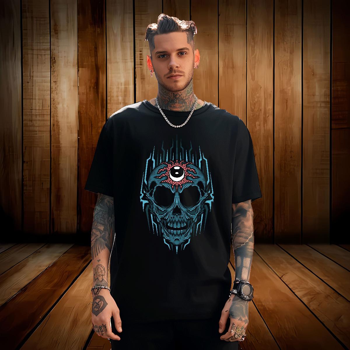 Loose T-Shirts for Men 230g Cotton skull Beach Black White Breathable Short Sleeve Mens Tshirts Free Shipping Tee Shirt