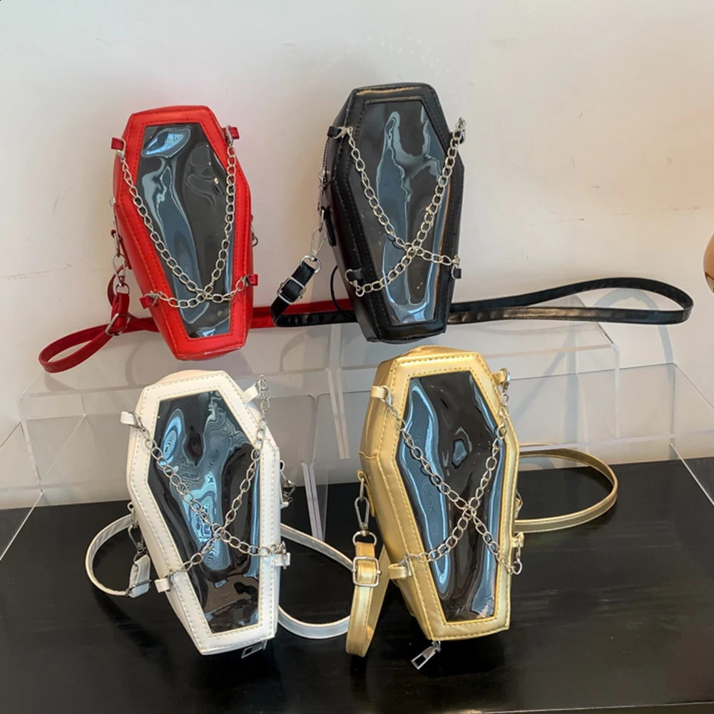 Women Crossbody Bag Coffin Shape PVC PU Shoulder Bag Gothic Underarm Bag Transparent Phone Bag Make Up Cosmetic Bag Halloween 240823