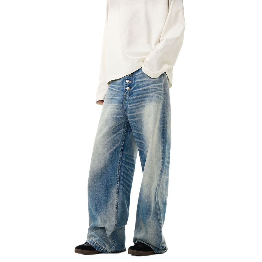 American High Street Jeans Mens Spring New Style Loose Straight Tube High-end Feeling Wide Leg Pants Rugged and Handsome Pants for Couples