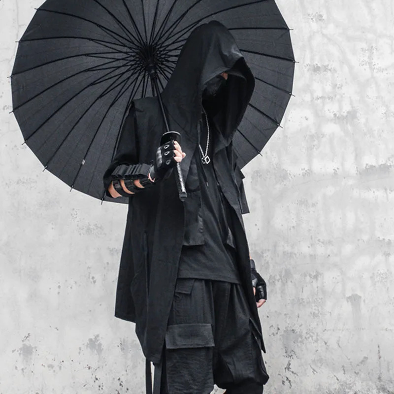 Punk Hip Hop Trench Coat Hooded Cloak Vintage Gothic Sleeveless Jacket For Men Street Casual Long Cape 240822