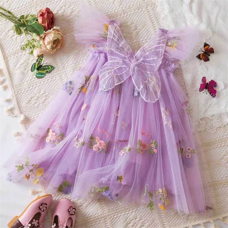 2024 Childrens Dress Girls Summer Dress Butterfly Wings New Flower Dress Dance Performance Tutu Grid Princess Dress Baby Clothing W240823