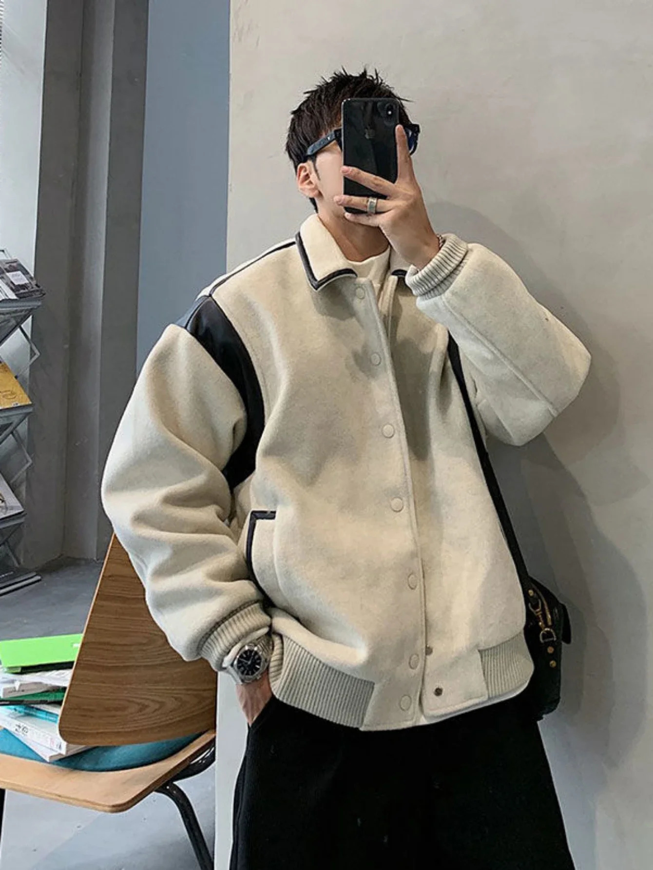 Korean style spliced woolen jacket mens autumn and winter trendy Japanese retro high-end top high street work jackets top 240815