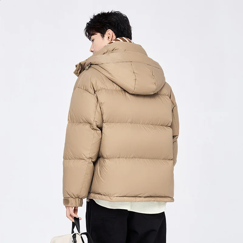 Mens semi down jacket winter warm and comfortable simple solid color casual hooded trend 240822