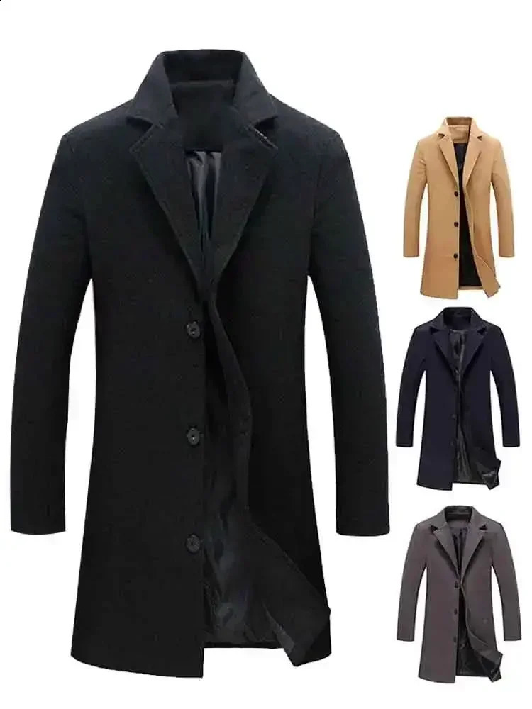 Single Breasted Lapel Long Coat Jacket Fashion Autumn Winter Casual Overcoat Plus Size Trench Mens Woolen Coats Solid Color 240822