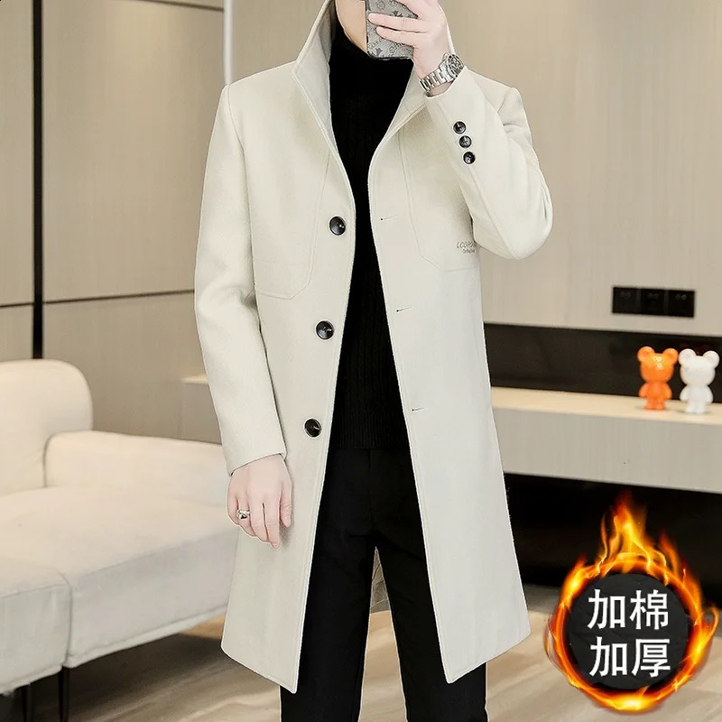 Beige Elegant Off White Trench Coats Mens Winter Overcoats Gentleman Winter Long Jackets For Cold Warm Coats Slim Fit Vintage 240822
