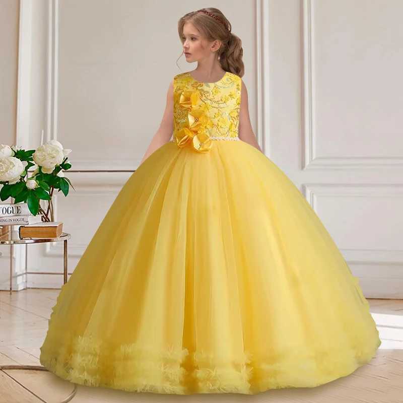4-14Y lace teenage childrens girl wedding dress elegant princess party dress Christmas formal sleeveless dress W240823