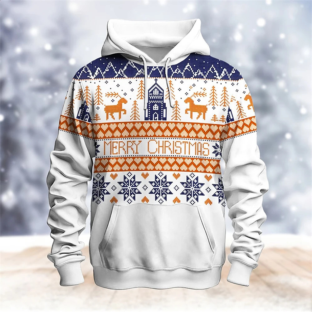 Mens Christmas Fun Elk Graphic Printed Hoodie Mens Street Casual Clothing Mens Winter Warm Hoodie Mens Fashion Crewneck Top 240823
