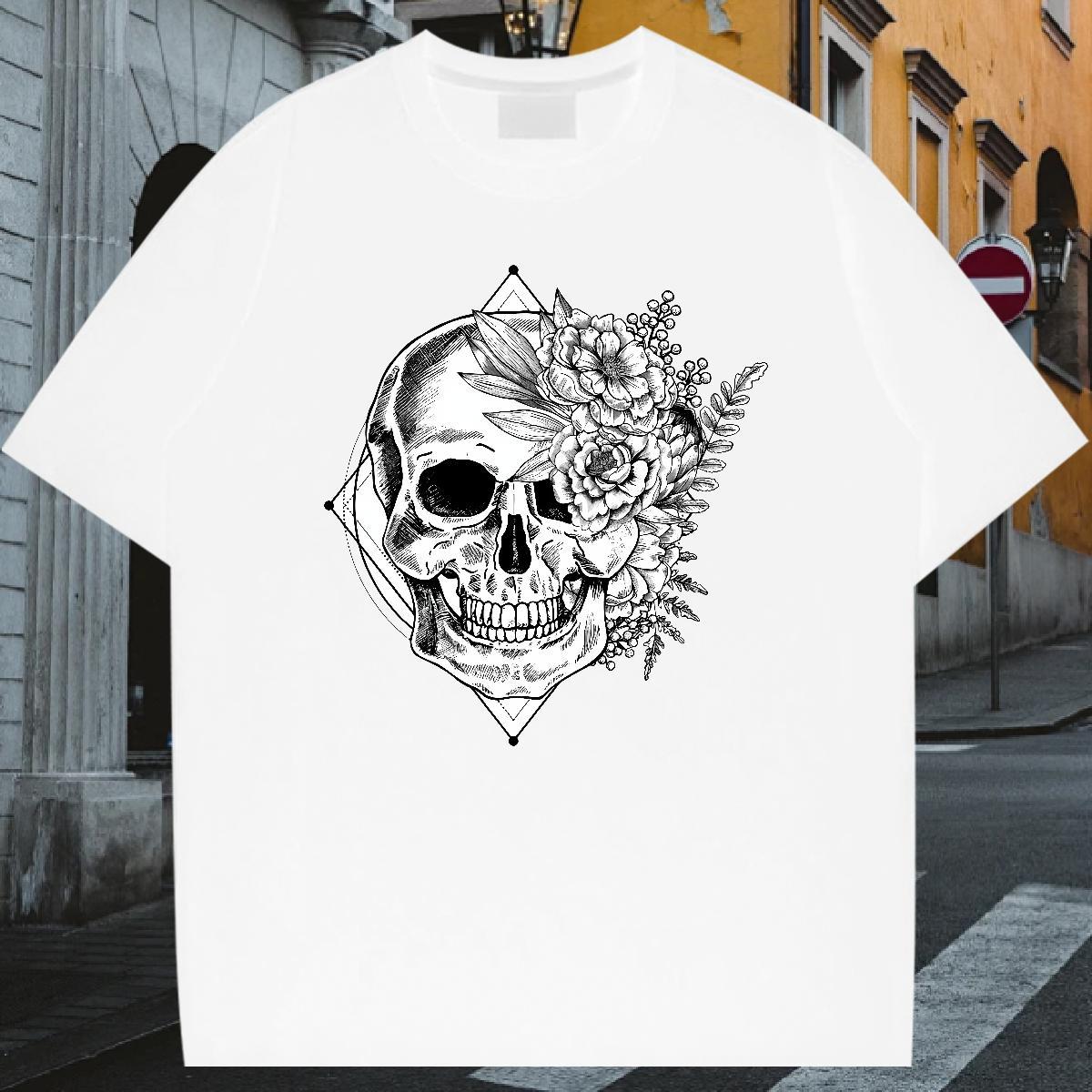 Soft T Shirts Men 230g Cotton skull Street Casual Black White Breathable Soft Men Clothes T-Shirt 2024 DIY Tees Shirts
